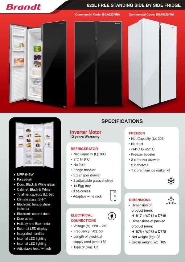 Brandt 622L SBS Fridge White Glass BGA622NWA